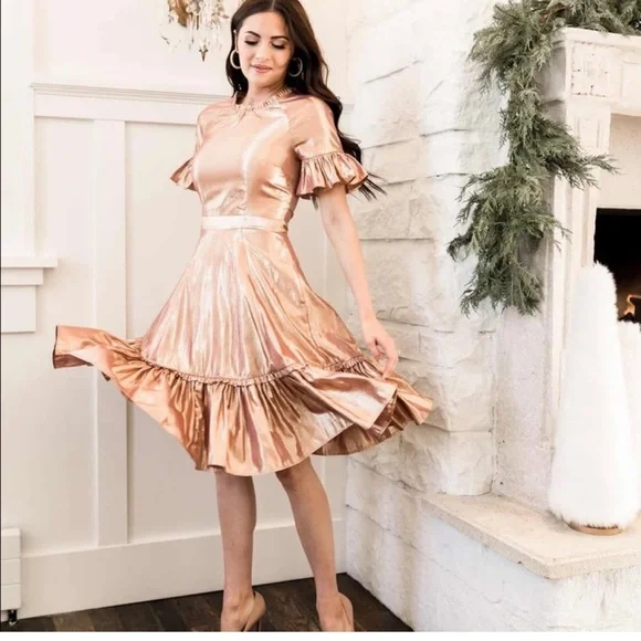 rose gold swing dress Big Swing Elegant Maxi Dresses Golden Sequin Glitter Sparkly V-neck Floor Length Prom Dresses main image 1